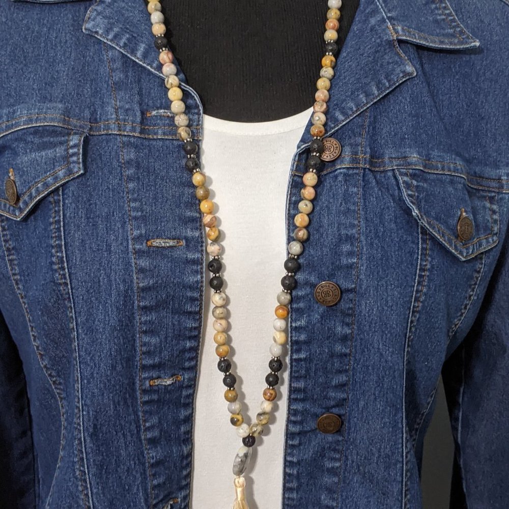 Long Gemstone Bead Tassel Pendant Necklace